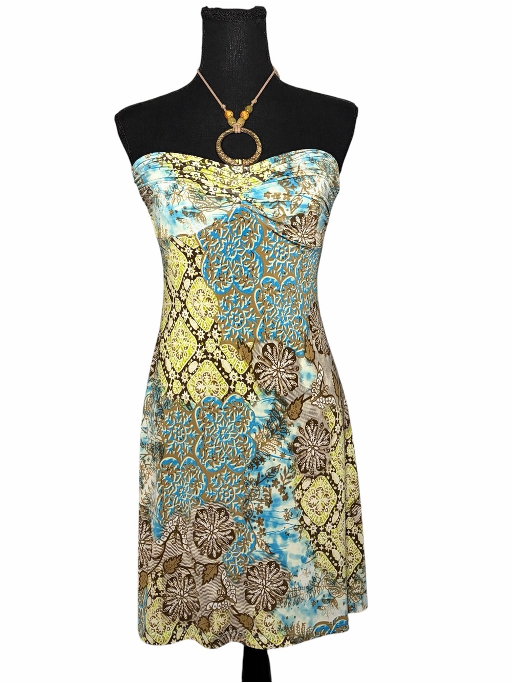 Vintage 2000s Wet Seal Halter Blue & Green Floral Paisley Mini Dress Medium